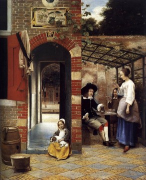 ピーテル・デ・ホーホ Painting - 中庭ジャンルで飲酒する人物 ピーター・デ・ホーホ